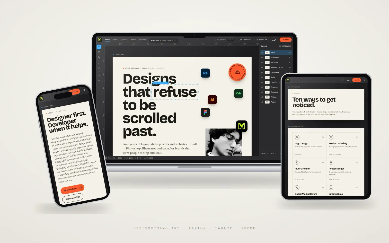 Design Dynamo — Portfolio for a Graphic & Web Designer — Photoshop-style UI